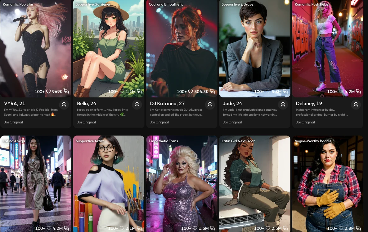 Joi AI character gallery showing diverse AI companions with varied personalities